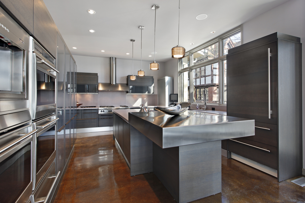 modern kitchen with stainless steel counters