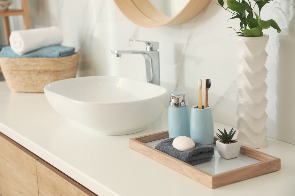 bath vanity stocked with toiletries