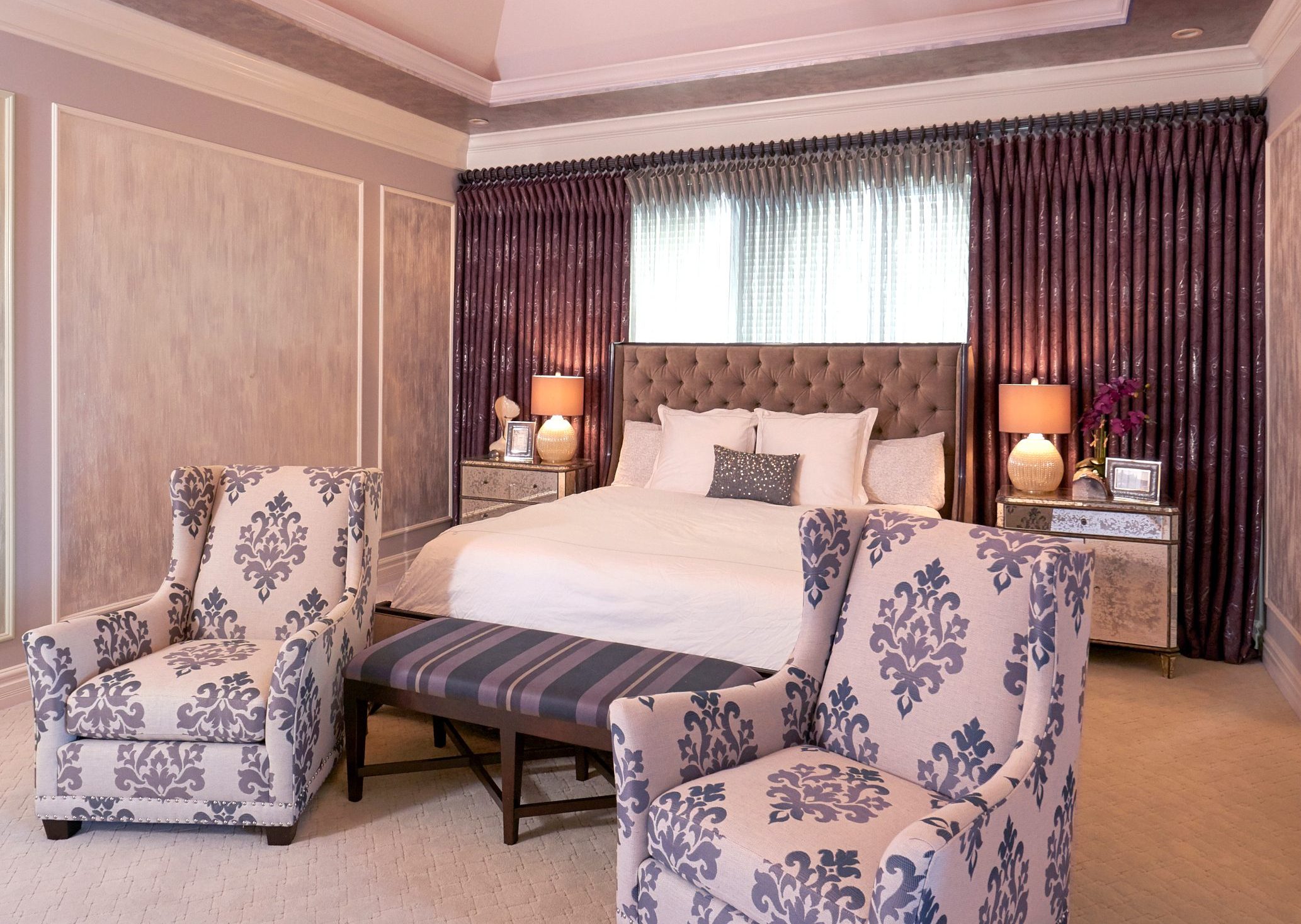 bedroom with custom furnishings and drapery