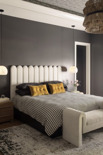 black white primary suite interior design