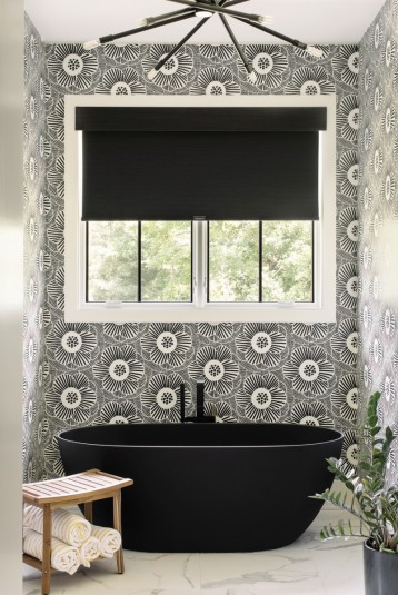 contemporary black white bath design with black tub