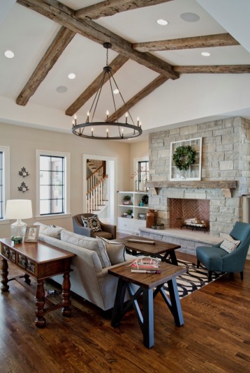 Custom design hearth room with tall ceiling