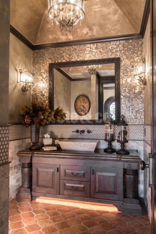 Powder room design with pavilion ceiling and lighting detail