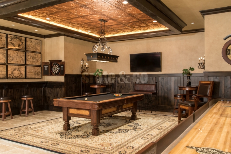 Home billiards room design in basement