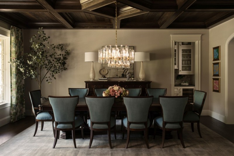 french country formal dining wood coffered ceiling