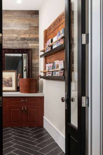 herringbone slate tile with wood plank wall design