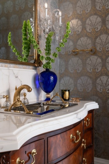 historic home guest bathroom vanity and wall covering