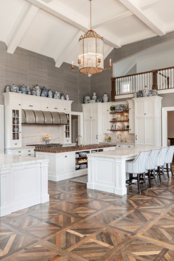 historic home kitchen design with two story ceiling