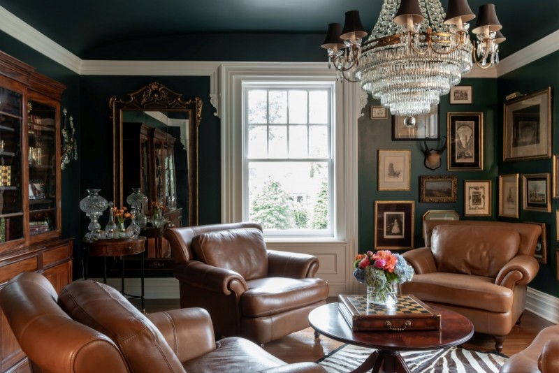 historic living room with chandelier