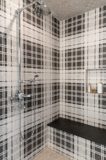 ladue home plaid mosaic shower design