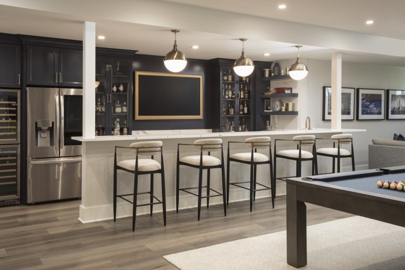 modern farmhouse lower level bar design