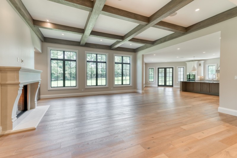 modern farmhouse great room to kitchen layout