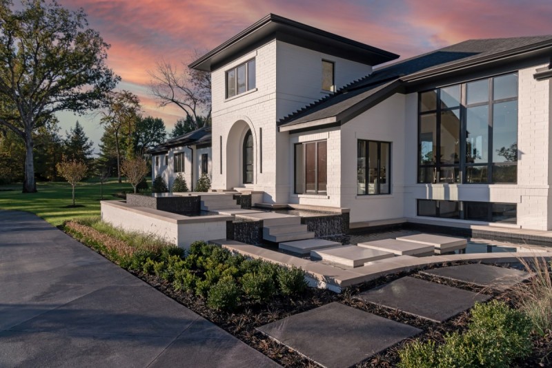 modern home reflecting pool walkway