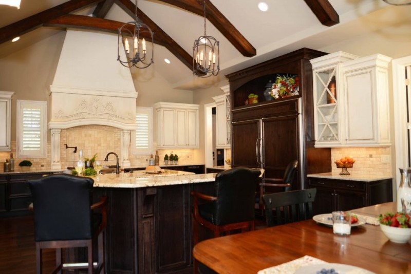 custom home kitchen architecture with wood timber beams