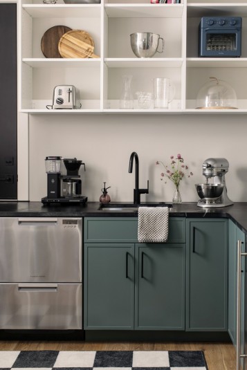 teal black white contemporary pantry design