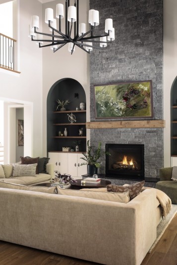 two story great room stone fireplace design